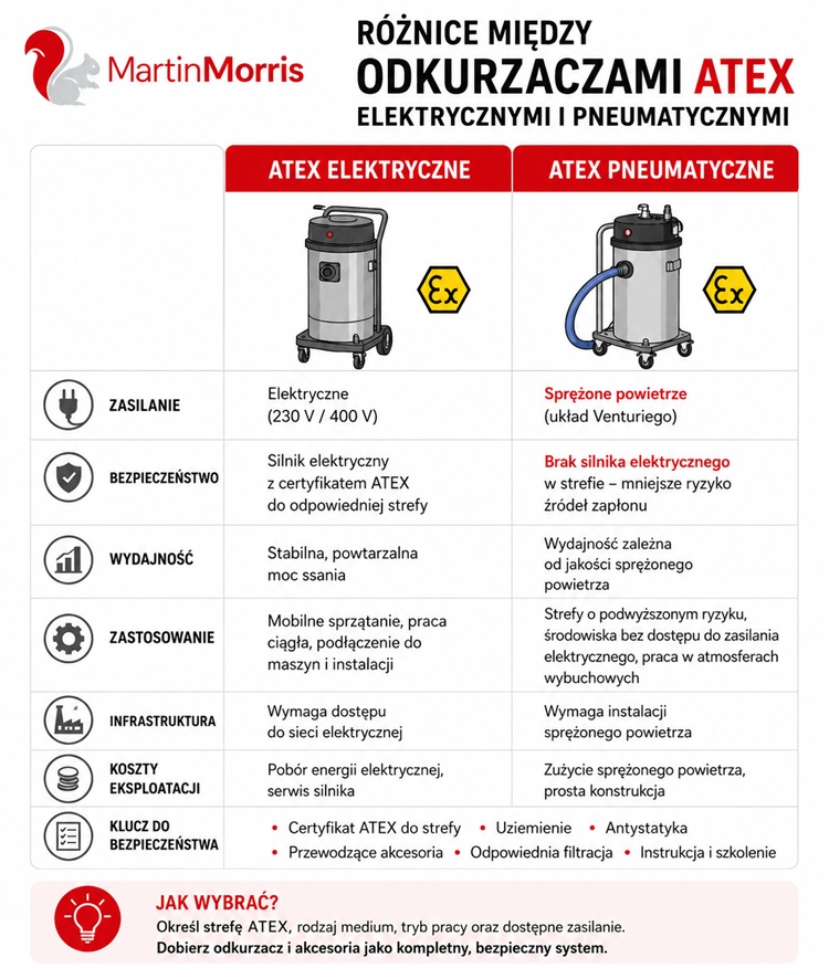 Różnice między odkurzaczami ATEX elektrycznymi i pneumatycznymi